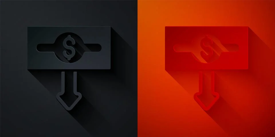 Paper cut Dollar rate decrease icon isolated on black and red background. Cost Illustrazione stock