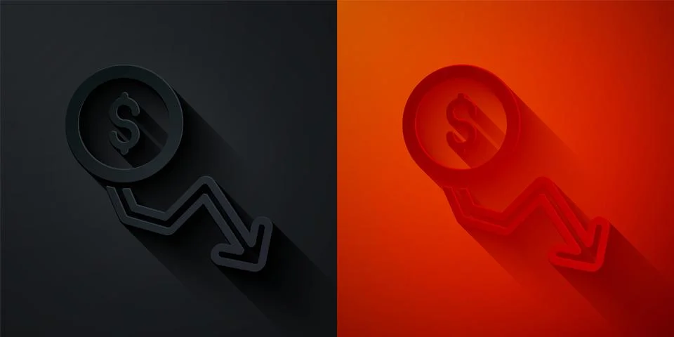 Paper cut Dollar rate decrease icon isolated on black and red background. Cost Illustrazione stock