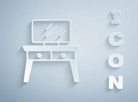 Paper cut Dressing table icon isolated on grey background. Paper art style イラスト素材