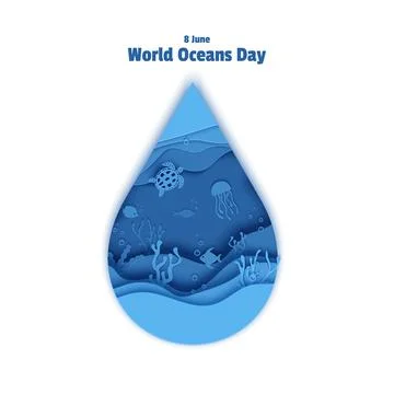 Paper cut drop form depth under water sea cave with fishes, coral reef, seabed Stock Illustration