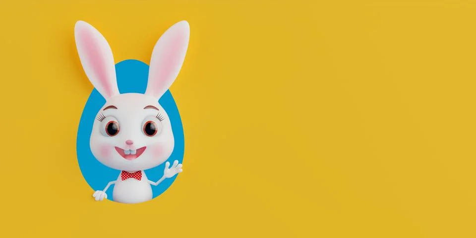 Paper Cut Easter Egg Shape Frame with Cartoon Banny. 3d Rendering Illustrazione stock