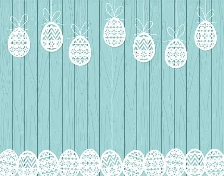 Paper cut Easter eggs hanging on blue Wooden background Stock Illustration