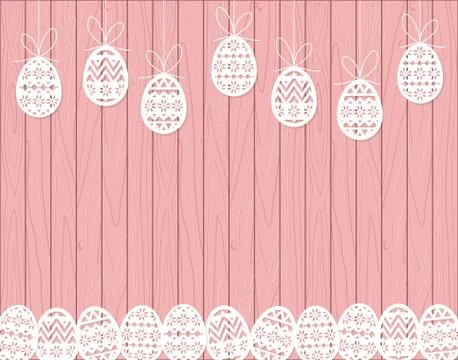 Paper cut Easter eggs hanging on pink Wooden background Stock Illustration