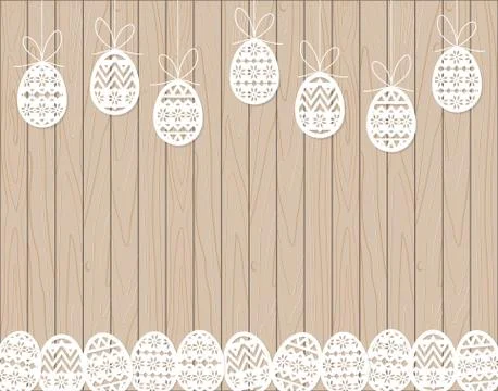 Paper cut Easter eggs hanging on brown Wooden background Stock Illustration