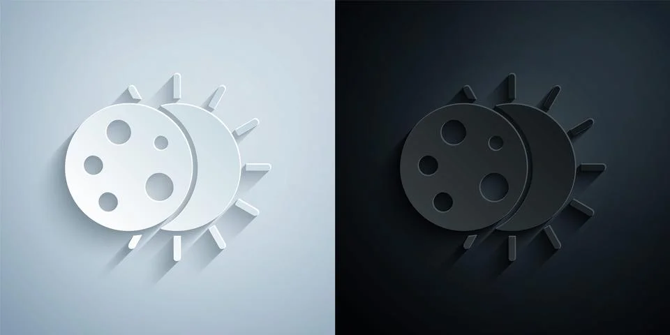 Paper cut Eclipse of the sun icon isolated on grey and black background. Total Ilustração Stock