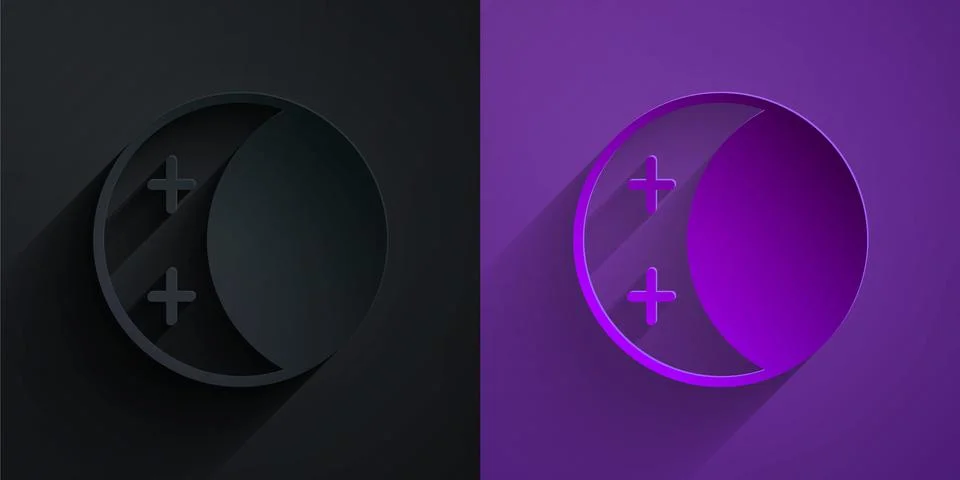 Paper cut Eclipse of the sun icon isolated on black on purple background. Total Stock Illustration