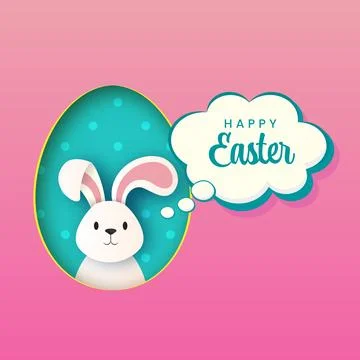 Paper Cut Egg Shape with Cute Cartoon Bunny Wishing Happy Easter. Stock Illustration