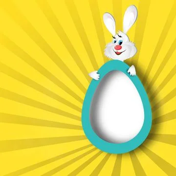 Paper Cut Egg Shape Holding Cute Bunny Cartoon on Yellow Rays Background an.. Stock Illustration