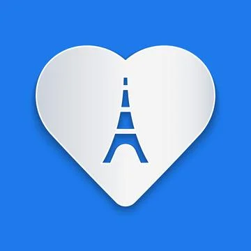 Paper cut Eiffel tower with heart icon isolated on blue background. France Paris Illustrazione stock