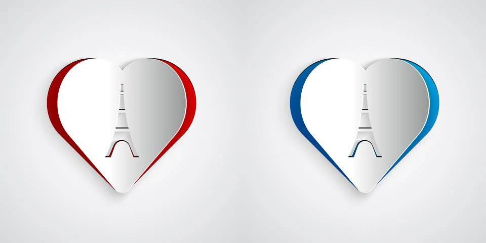 Paper cut Eiffel tower with heart icon isolated on grey background. France Paris Stock Illustration