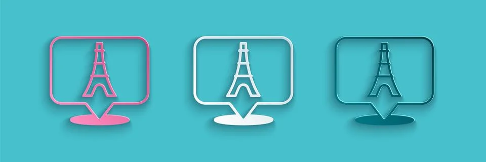 Paper cut Eiffel tower icon isolated on blue background. France Paris landmark Illustrazione stock