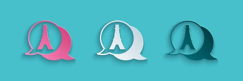 Paper cut Eiffel tower icon isolated on blue background. France Paris landmark Illustrazione stock