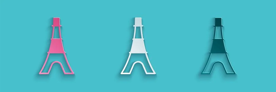 Paper cut Eiffel tower icon isolated on blue background. France Paris landmark Illustrazione stock