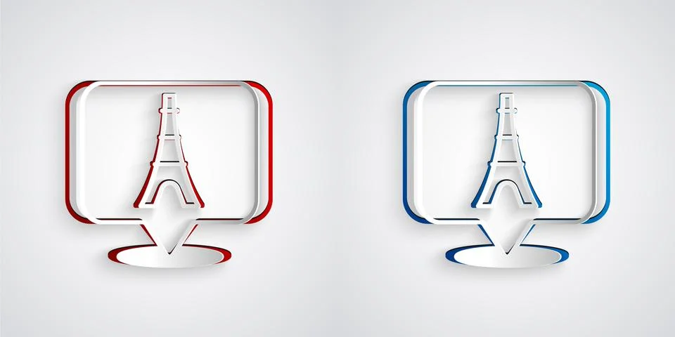 Paper cut Eiffel tower icon isolated on grey background. France Paris landmark Illustrazione stock
