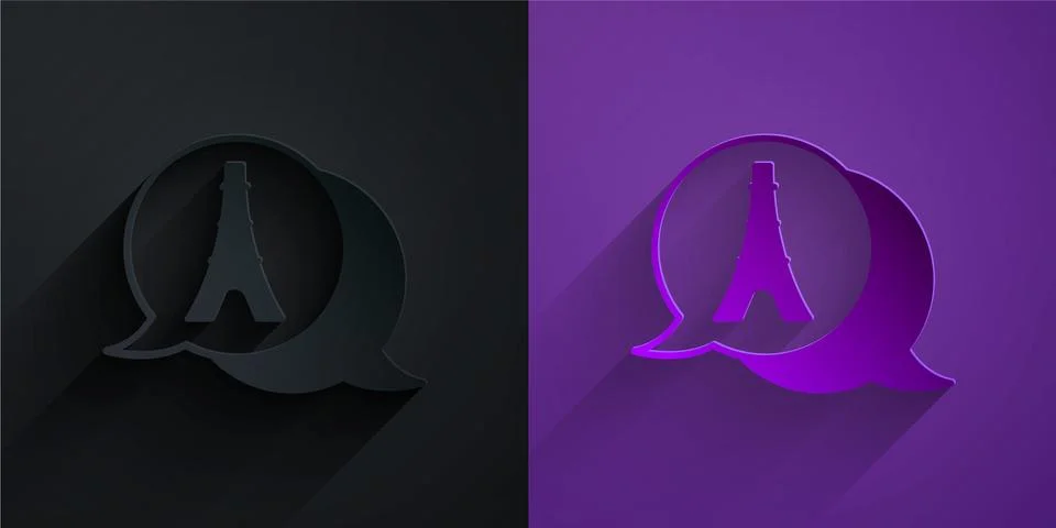Paper cut Eiffel tower icon isolated on black on purple background. France Pa 스톡 일러스트