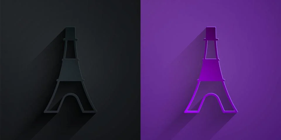 Paper cut Eiffel tower icon isolated on black on purple background. France Paris イラスト素材