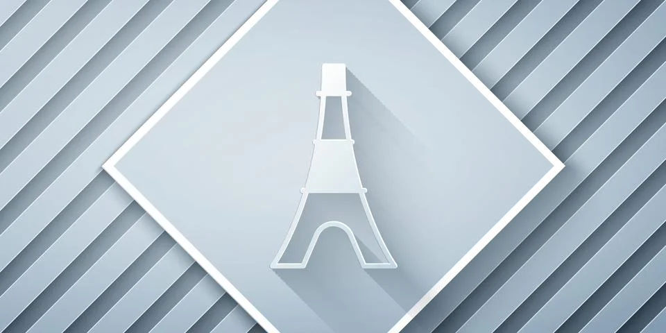 Paper cut Eiffel tower icon isolated on grey background. France Paris landmark Illustrazione stock