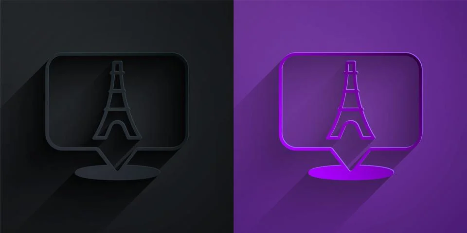 Paper cut Eiffel tower icon isolated on black on purple background. France Pa 스톡 일러스트