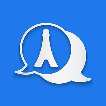 Paper cut Eiffel tower icon isolated on blue background. France Paris landm.. Illustrazione stock