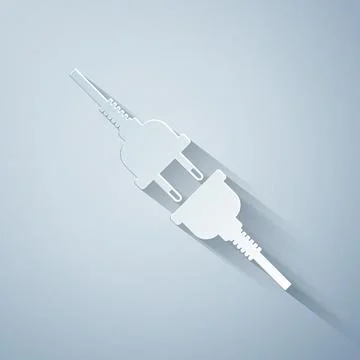 Paper cut Electric wire plug and socket icon isolated on grey background. Paper Illustrazione stock