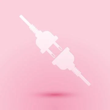 Paper cut Electric wire plug and socket icon isolated on pink background. Paper Stock Illustration