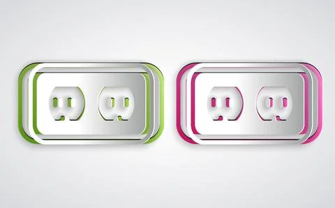 Paper cut Electrical outlet icon isolated on grey background. Power socket Ilustración de archivo