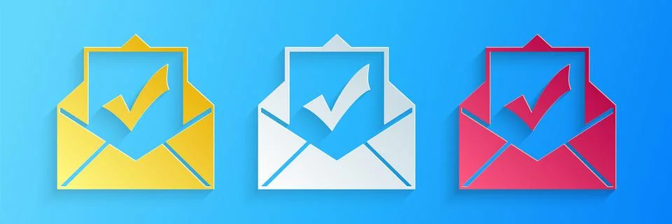 Paper cut Envelope with document and check mark icon isolated on blue background Illustrazione stock