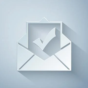 Paper cut Envelope with document and check mark icon on grey background Stock Illustration