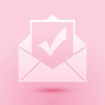 Paper cut Envelope with document and check mark icon isolated on pink background Illustrazione stock