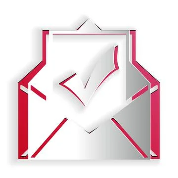 Paper cut Envelope with document and check mark icon isolated on white Illustrazione stock