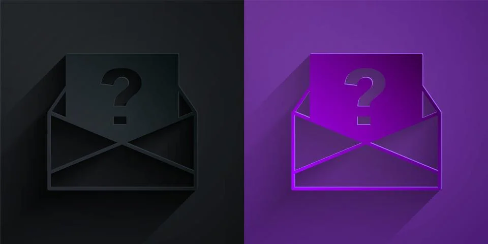 Paper cut Envelope with question mark icon isolated on black on purple backgr Stock Illustration
