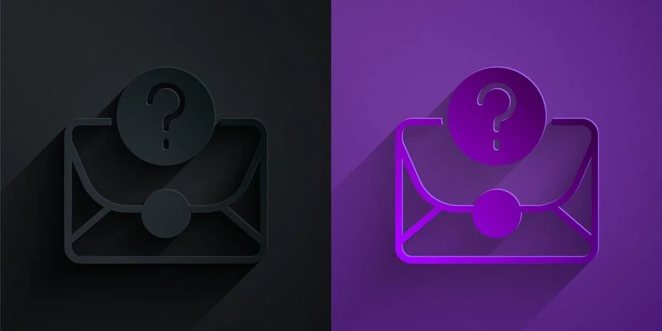 Paper cut Envelope with question mark icon isolated on black on purple backgr Stock Illustration