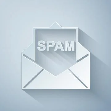 Paper cut Envelope with spam icon isolated on grey background. Concept of virus Stock Illustration