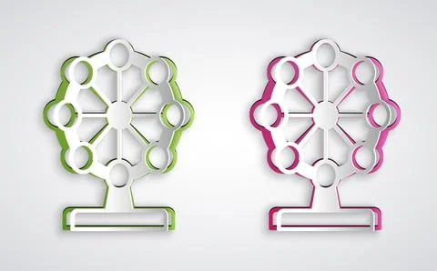 Paper cut Ferris wheel icon isolated on grey background. Amusement park. Ch.. Stock Illustration