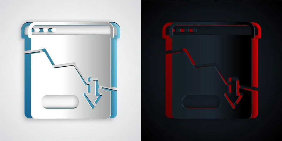 Paper cut Financial growth decrease icon isolated on grey and black backgroun Stock Illustration