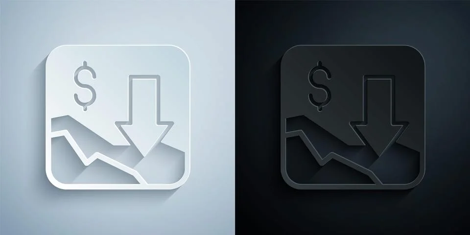 Paper cut Financial growth decrease icon isolated on grey and black backgro.. Stock Illustration