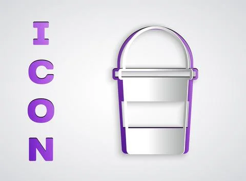 Paper cut Fire bucket icon isolated on grey background. Metal bucket empty .. Stock Illustration