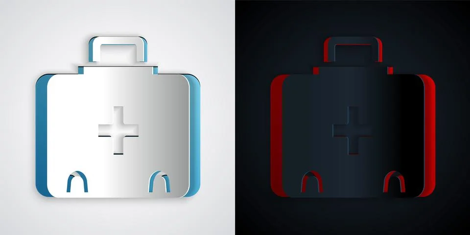 Paper cut First aid kit icon isolated on grey and black background. Medical.. Stock Illustration