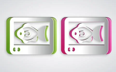 Paper cut Fish finder echo sounder icon isolated on grey background. Electronic Stock Illustration