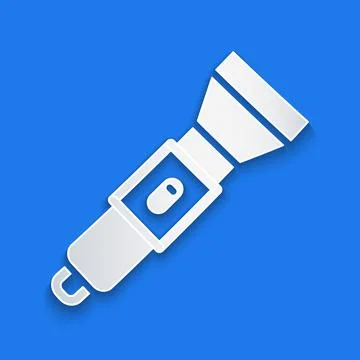 Paper cut Flashlight icon isolated on blue background. Paper art style. Vector Stock Illustration