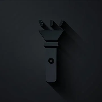 Paper cut Flashlight icon isolated on black background. Paper art style. Vect Illustration
