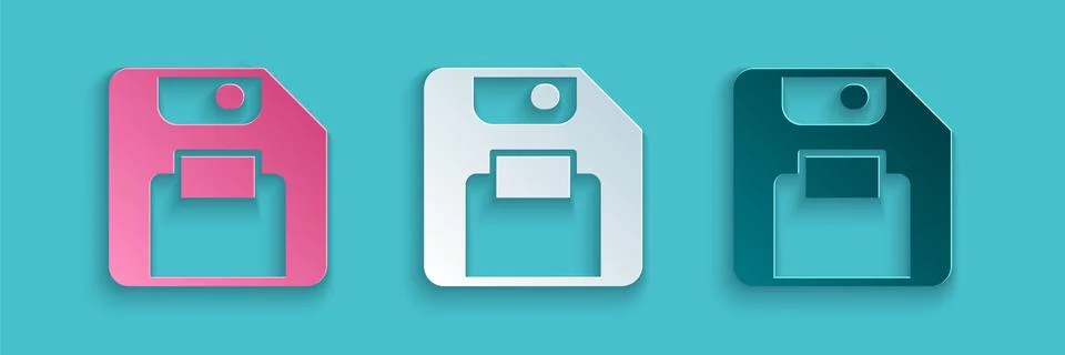 Paper cut Floppy disk for computer data storage icon isolated on blue background Stock Illustration