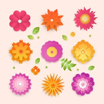 Paper cut flowers - set of modern vector colorful objects Stock Illustration