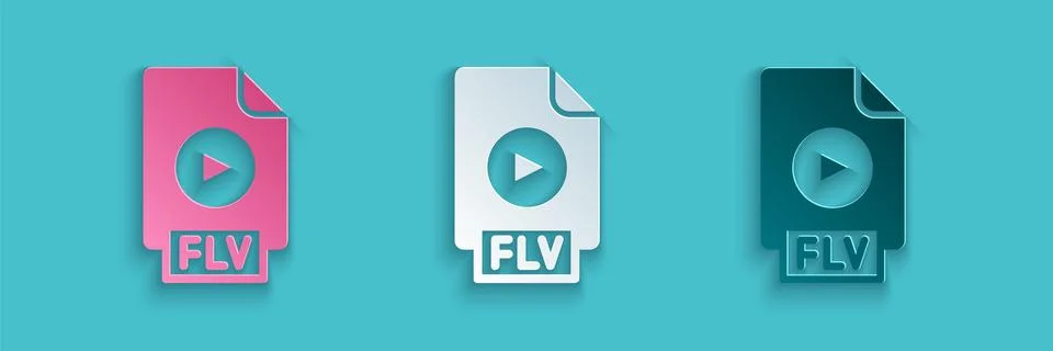 Paper cut FLV file document video file format. Download flv button icon isolated Illustrazione stock