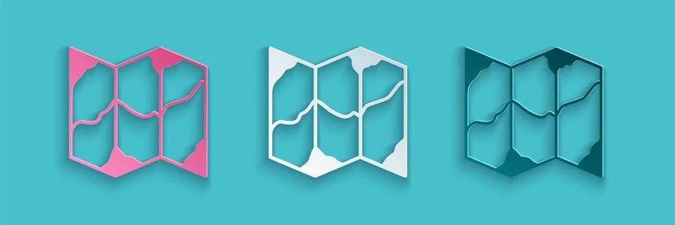 Paper cut Folded map icon isolated on blue background. Paper art style. Vector 스톡 일러스트