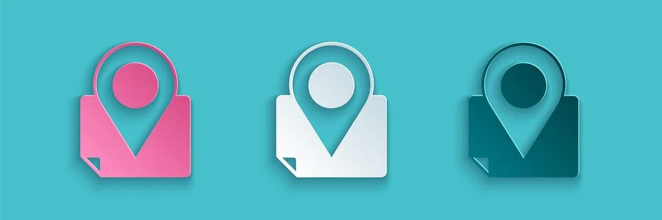 Paper cut Folded map with location marker icon isolated on blue background 스톡 일러스트