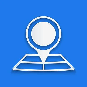 Paper cut Folded map with location marker icon isolated on blue background 스톡 일러스트