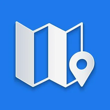 Paper cut Folded map with location marker icon isolated on blue background 스톡 일러스트