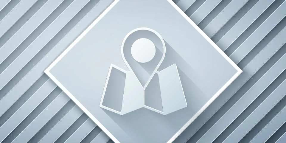 Paper cut Folded map with location marker icon isolated on grey background Stock Illustration