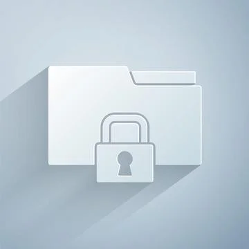 Paper cut Folder and lock icon isolated on grey background. Closed folder and Illustrazione stock